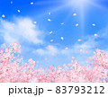 美しく華やかな桜の花と花びら舞い散る春の爽やか青空に光差し込む雲のフレーム背景ベクター素材イラスト 83793212