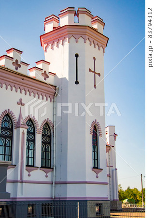 Exterior details of an old medieval castle. Beautiful facade of the palace in Kossovo, Brest region, Belarus. Exterior details of an old medieval castle. Beautiful facade of the palace in Kossovo, Brest region, Belarus. 83794312
