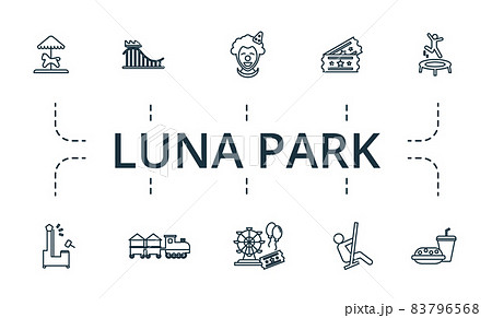 Luna Park icon set. Collection of simple elements such as the child train, castle, 13, tickets, roller coaster, fastfood. 83796568