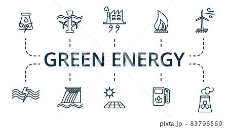 Green Energy icon set. Collection of simple elements such as the tidal energy, solar power, champagne, heart and arrow, heart lock, balloons, love search. Green Energy icon set. Collection of simple elements such as the tidal energy, solar power, champagne, heart and arrow, heart lock, balloons, love search. 83796569