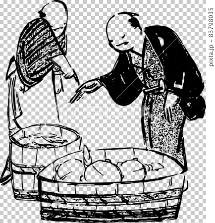 カニと魚を市場で買い付ける男性のイラスト素材