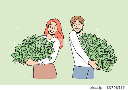 Happy people holding big piles on money banknotes  83798516