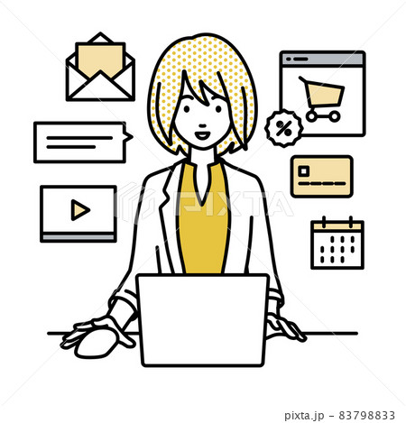 デスクで座ってPCでネットショップやマーケティングの仕事をしているジャケットの女性 デスクで座ってPCでネットショップやマーケティングの仕事をしているジャケットの女性 83798833