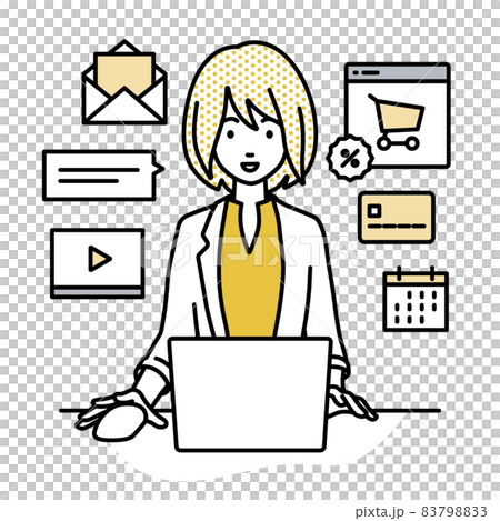 A woman in a jacket sitting at a desk and doing an online shop or marketing job on a PC A woman in a jacket sitting at a desk and doing an online shop or marketing job on a PC 83798833