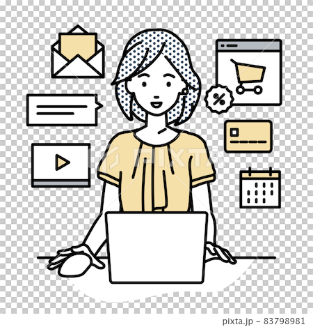 一位辦公室休閒女性坐在辦公桌前，在 PC 上做網上商店或營銷工作 83798981