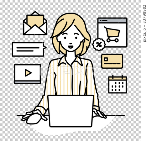 A woman in a blouse sitting at a desk and doing an online shop or marketing job on a PC 83798982