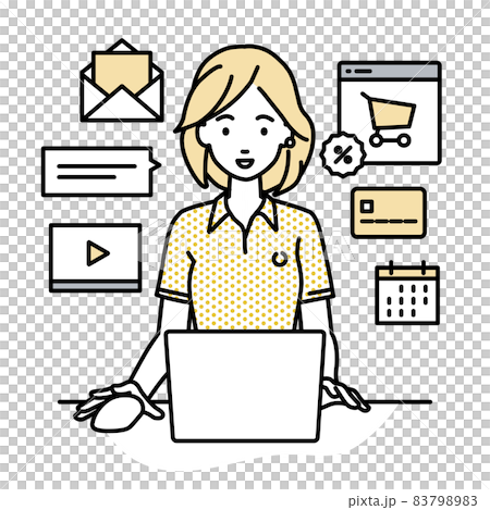 A woman in a polo shirt sitting at a desk and doing an online shop or marketing job on a PC 83798983