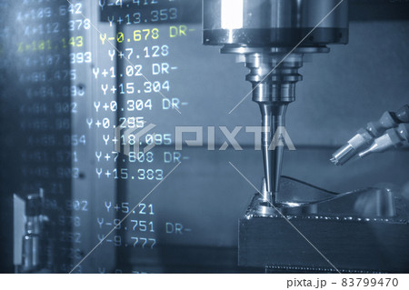 The abstract scene CNC milling machine cutting the stamping die parts and G-code data background. 83799470