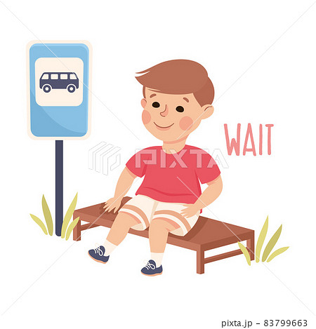 Little Boy Sitting on Bench and Waiting for Bus Vector Illustration Little Boy Sitting on Bench and Waiting for Bus Vector Illustration 83799663