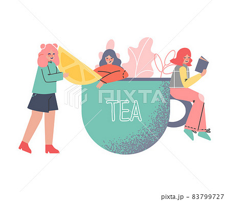 Tea Time Break with Tiny Woman Character Near Huge Cup with Hot Drink Bringing Slice of Lemon Vector Illustration Tea Time Break with Tiny Woman Character Near Huge Cup with Hot Drink Bringing Slice of Lemon Vector Illustration 83799727