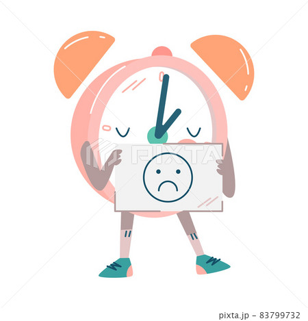 Funny Clock Character Holding Placard with Sad Smiley Vector Illustration Funny Clock Character Holding Placard with Sad Smiley Vector Illustration 83799732