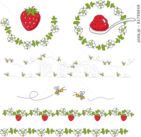 いちごとミツバチの手描きベクターイラストのイラスト素材