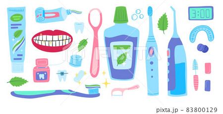 Cartoon Color Mouth Cleaning Tools Icons Set Include of Toothbrush, Tooth, Toothpaste and Mouthwash Flat Design Style. Vector illustration Cartoon Color Mouth Cleaning Tools Icons Set Include of Toothbrush, Tooth, Toothpaste and Mouthwash Flat Design Style. Vector illustration 83800129