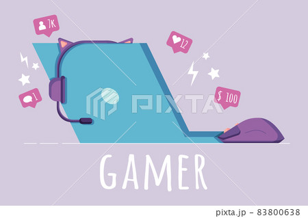 Gamer workplace concept illustration, laptop, headphones, mouse clicker in a flat style, isolated on a purple background. . Vector illustration 83800638