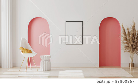 Blank poster frame mockup on wall in modern living room interior with decorative pastel pink arches, column, chair with pillow, 3d rendering. Blank poster frame mockup on wall in modern living room interior with decorative pastel pink arches, column, chair with pillow, 3d rendering. 83800867