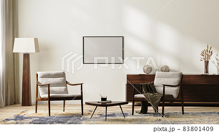 horizontal frame mockup in bright modern living room interior in neutral colors with armchairs, floor lamp, rug and coffee table, chest of drawers with home decor, 3d render horizontal frame mockup in bright modern living room interior in neutral colors with armchairs, floor lamp, rug and coffee table, chest of drawers with home decor, 3d render 83801409