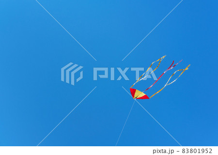 Red yellow kite fly high in blue cloudless sky. Soft focus, copy space Red yellow kite fly high in blue cloudless sky. Soft focus, copy space 83801952
