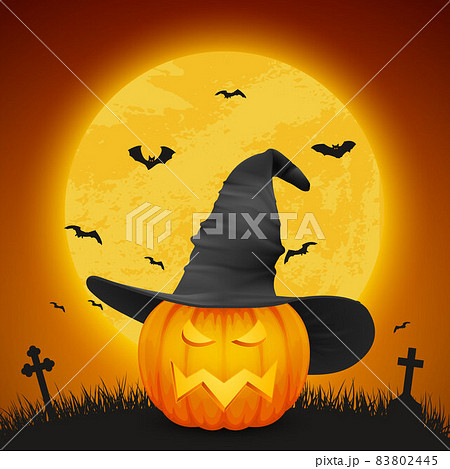 Vector Cartoon Halloween Pumkin Lantern with Funny Face and Witch Hat on Night Glowing Moon Background, Bats, Cemetery. Design Template of Realistic Pumkin. Autumn Holidays, Halloween Concept 83802445