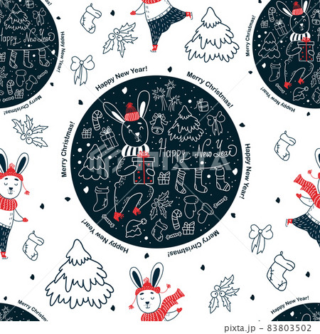 seamless pattern. Christmas Cute hares in winter clothes on white background with blue New Years decor. Vector illustration. outline Linear pattern for decor, design, packaging, wallpaper and textile. seamless pattern. Christmas Cute hares in winter clothes on white background with blue New Years decor. Vector illustration. outline Linear pattern for decor, design, packaging, wallpaper and textile. 83803502