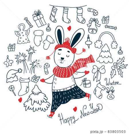 Set of design elements for Christmas design. New Years bunny on skates in doodle style. outline. Vector illustration. Isolated hand drawing for design and decor Set of design elements for Christmas design. New Years bunny on skates in doodle style. outline. Vector illustration. Isolated hand drawing for design and decor 83803503