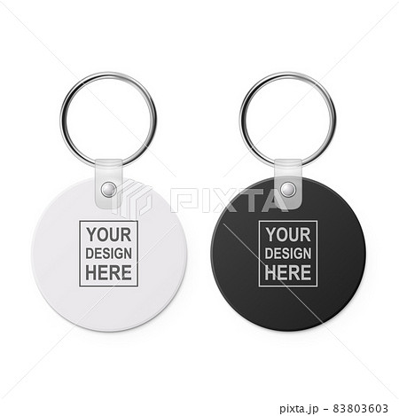 Vector 3d Realistic Blank White, Black Round Keychain with Ring and Chain for Key Set Isolated. Button Badge with Ring. Paper, Plastic, Metal ID Badge with Chains Key Holder, Design Template, Mockup 83803603