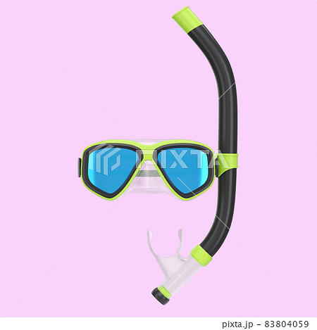 Green diving mask and snorkel isolated on a pink background. 3d render of diving and snorkeling equipment 83804059