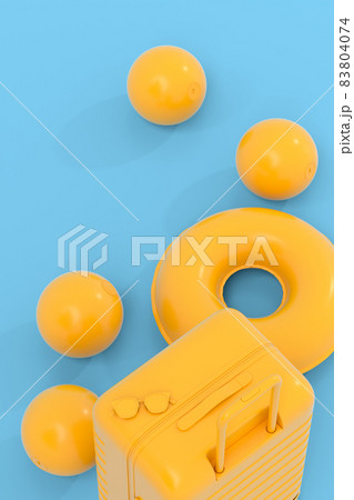 Colorful suitcase or baggage on monochrome blue background. 3D render of summer vacation concept and holidays Colorful suitcase or baggage on monochrome blue background. 3D render of summer vacation concept and holidays 83804074