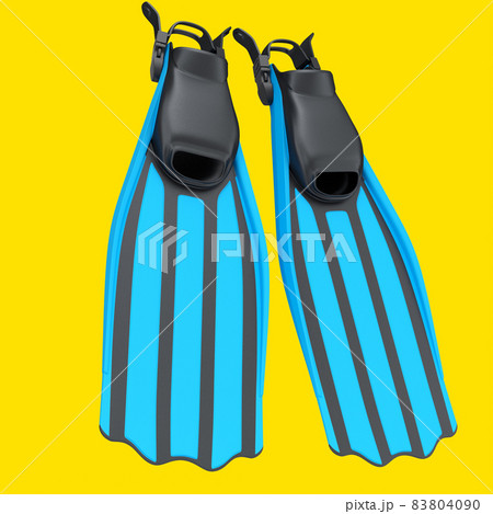 Blue diving flippers isolated on yellow background. 3d render of diving and snorkeling equipment 83804090
