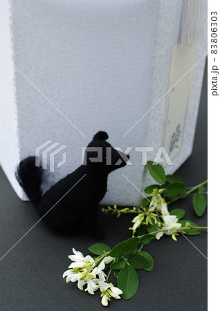 白いハギの花とフェルトの黒い犬 白いハギの花とフェルトの黒い犬 83806303