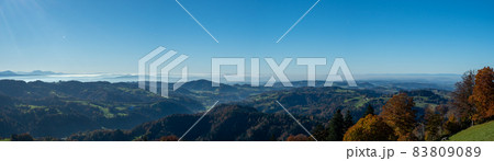 Panoramic view from the top of Hoernli in Cantone Zurich on a sunny autumn afternoon 83809089