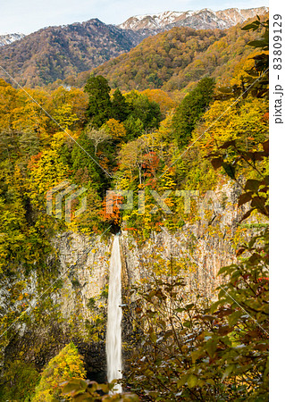 直瀑の滝と紅葉する山々 83809129
