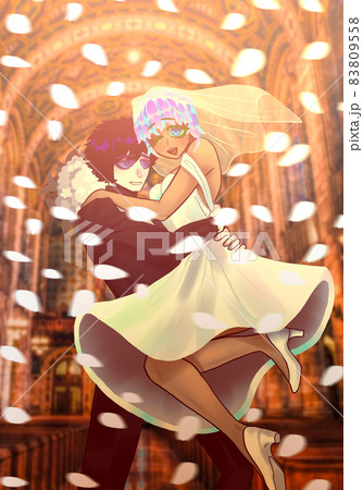 Anime just married couple at the church. They are very happy. Flower petals fly around. Wedding concept. Anime just married couple at the church. They are very happy. Flower petals fly around. Wedding concept. 83809558