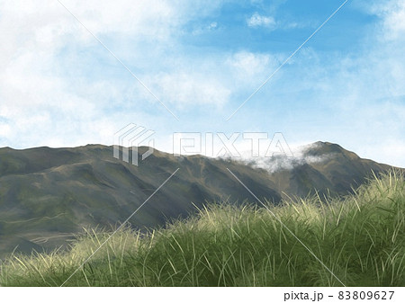 Yangmingshan national park, a digital painting of landscape of silver grass over the mountain with cloudy sky in Taipei, Taiwan raster 3D illustration anime background. 83809627