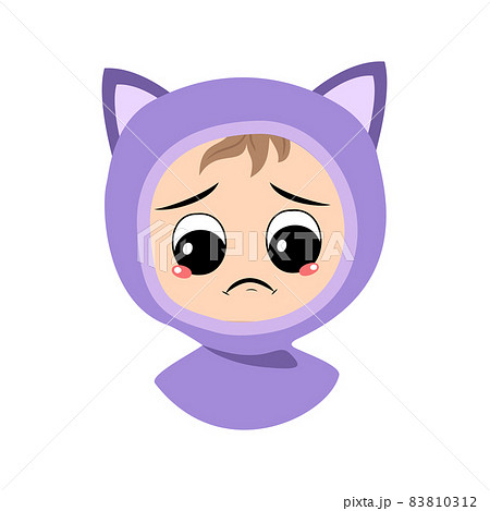 Avatar of child with crying and tears emotion, sad face, depressive eyes in cat hat. Cute kid with melancholy expression in autumnal or winter headdress. Head of adorable baby  83810312