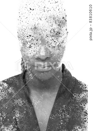 A black and white portrait of a woman combined with black ink splashes. Paintography. 83810610