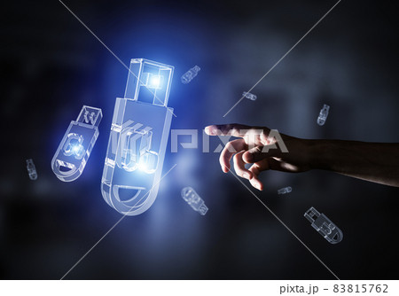Concept of information storage and security with flash stick icon. Mixed media Concept of information storage and security with flash stick icon. Mixed media 83815762