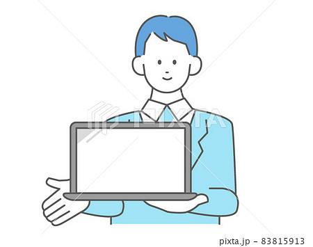 パソコン画面を見せて案内する男性イラスト ビジネスパーソン ベクター素材のイラスト素材