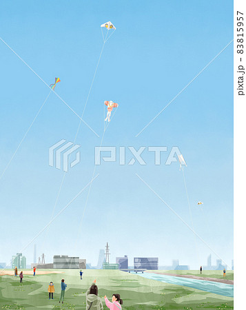 川沿いで凧揚げをする人の風景手描き水彩風イラストのイラスト素材 川沿いで凧揚げをする人の風景手描き水彩風イラストのイラスト素材