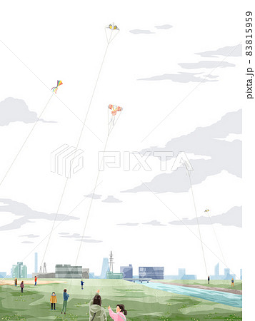 川沿いで凧揚げをする人の風景手描き水彩風イラスト 83815959