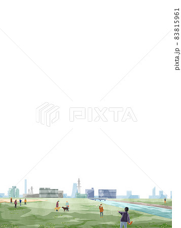 川沿いの土手の風景の手描き水彩風イラストのイラスト素材