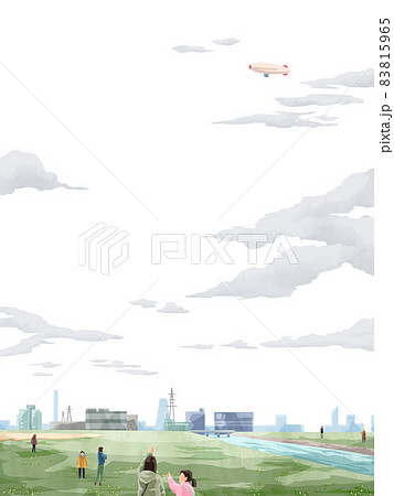 飛行船の飛ぶ風景手書き水彩風イラスト 83815965