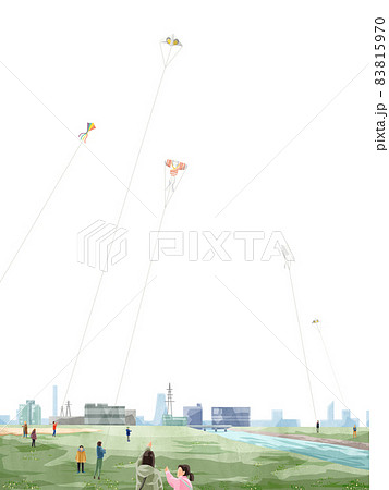 川沿いで凧揚げをする人の風景手描き水彩風イラスト 83815970