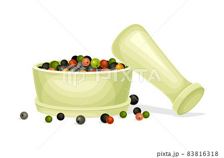 Peppercorn mix in ceramic mortar. Organic herbal seasoning product vector illustration Peppercorn mix in ceramic mortar. Organic herbal seasoning product vector illustration 83816318