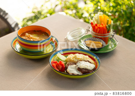 Full course lunch with soup cutlets and vegetables Full course lunch with soup cutlets and vegetables 83816800