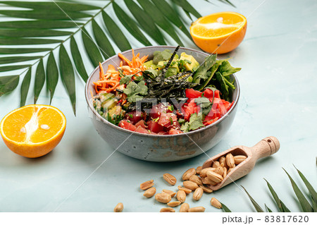 Hawaiian tuna poke bowl with rice and vegetables Hawaiian tuna poke bowl with rice and vegetables 83817620