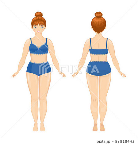 Cute young woman plus size, dressed in elegant lingerie. Front and back views 83818443