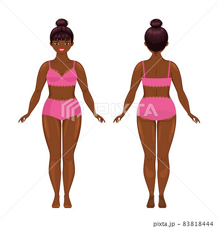 Pretty African American woman plus size, dressed in elegant lingerie. Front and back views 83818444