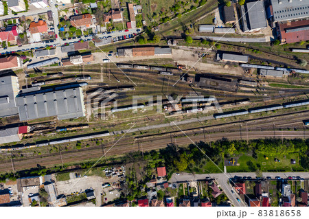 Aerial drone view of old locomotive train depo Aerial drone view of old locomotive train depo 83818658