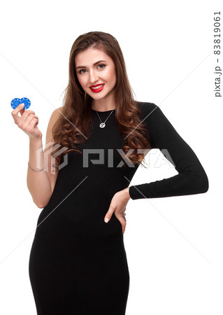 Sexy curly hair brunette posing with chips in her hands, poker concept isolation on white background 83819061