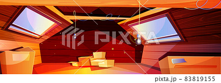 Cartoon attic interior with carton boxes, windows and walls Cartoon attic interior with carton boxes, windows and walls 83819155